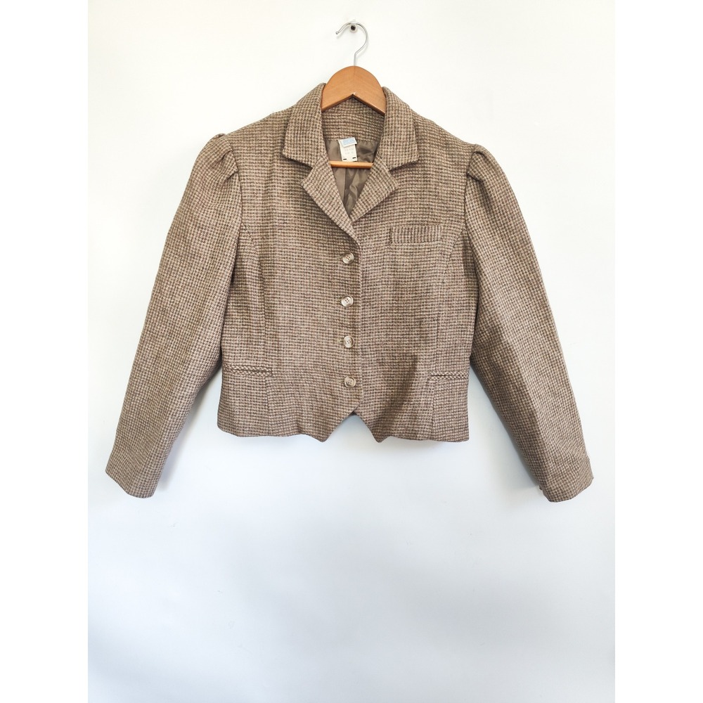 Vintage Sears Wool Blend Blazer Size 15 Tweed Jacket Houndstooth Puff Shoulder